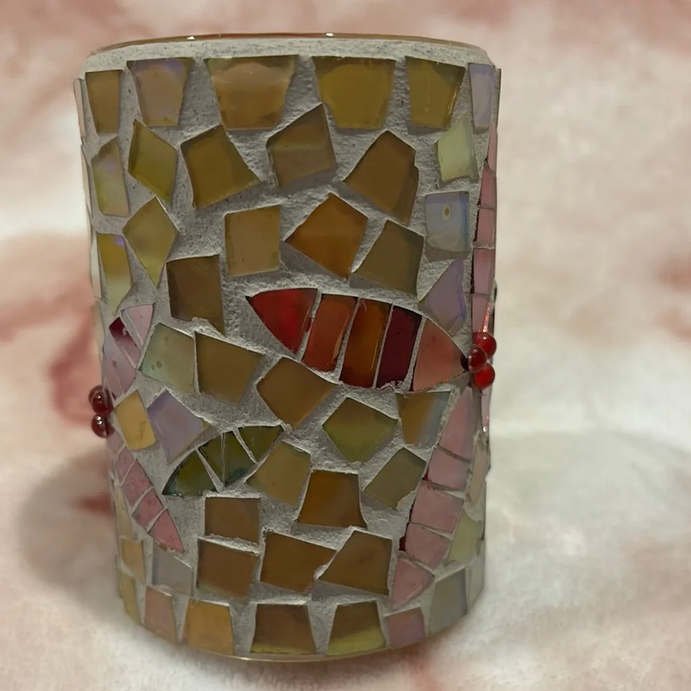Crate & Barrel Stained Glass Pointsettia Mosaic Candle Holder w scented votifs R